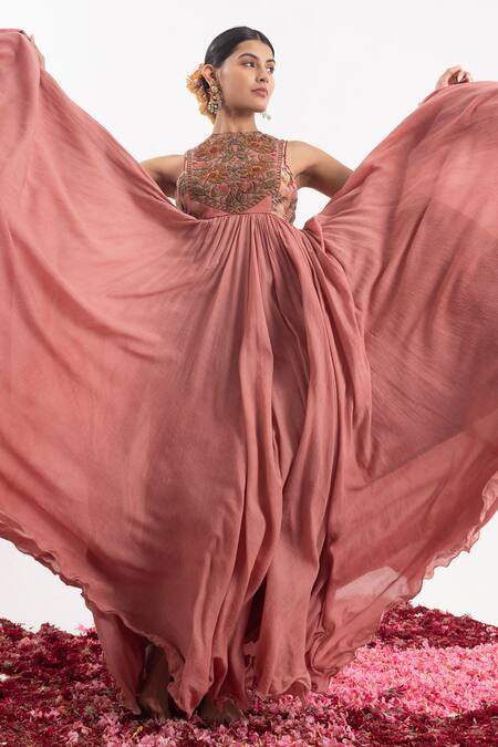 Buy_Samant Chauhan_Peach Cotton, Silk Embroidery, Cut Work Round Floral Blossom Bodice Anarkali_Online_at_Aza_Fashions