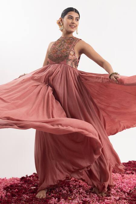 Shop_Samant Chauhan_Peach Cotton, Silk Embroidery, Cut Work Round Floral Blossom Bodice Anarkali_Online_at_Aza_Fashions