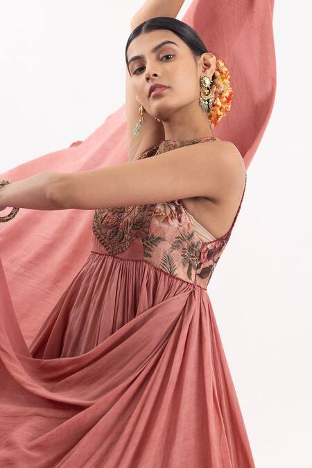 Samant Chauhan_Peach Cotton, Silk Embroidery, Cut Work Round Floral Blossom Bodice Anarkali_at_Aza_Fashions