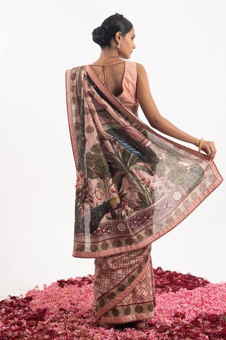 Shop Samant Chauhan Peach Cotton, Silk Embroidery V-neck Grazing Peacock Print Saree With Blouse at Aza Fashions Shop_Samant Chauhan_Peach Cotton, Silk Embroidery V-neck Grazing Peacock Print Saree With Blouse_at_Aza_Fashions