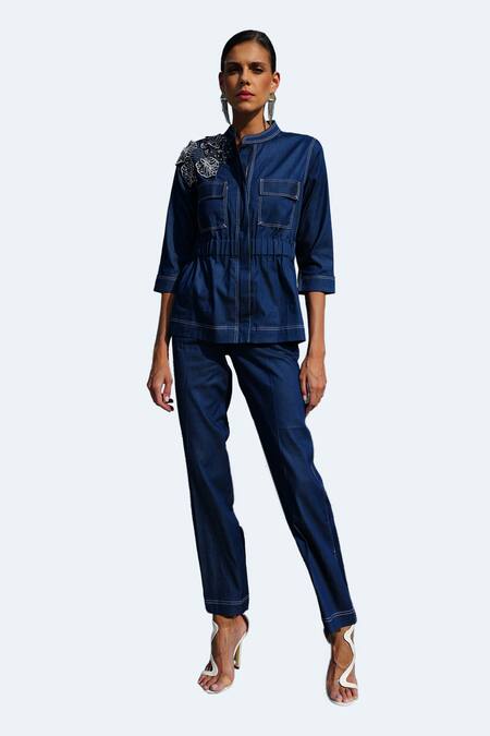 Buy Vidhi Wadhwani Blue Modal Denim Applique Embroidered Coral Adora Cropped Jacket And Pant Set Online at Aza Fashions Buy_Vidhi Wadhwani_Blue Modal Denim Applique Embroidered Coral Adora Cropped Jacket And Pant Set _Online_at_Aza_Fashions