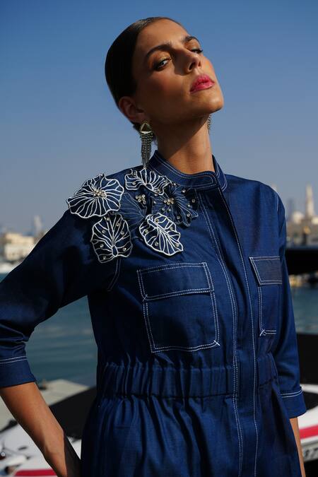 Shop Vidhi Wadhwani Blue Modal Denim Applique Embroidered Coral Adora Cropped Jacket And Pant Set Online at Aza Fashions Shop_Vidhi Wadhwani_Blue Modal Denim Applique Embroidered Coral Adora Cropped Jacket And Pant Set _Online_at_Aza_Fashions