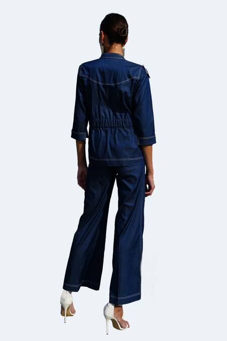 Vidhi Wadhwani Blue Modal Denim Applique Embroidered Coral Adora Cropped Jacket And Pant Set at Aza Fashions Vidhi Wadhwani_Blue Modal Denim Applique Embroidered Coral Adora Cropped Jacket And Pant Set _at_Aza_Fashions