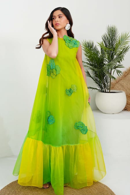 Vidhi Wadhwani Green Silk Organza, Linen Applique Round Neck Amia Hand Embroidered Dress Online at Aza Fashions Vidhi Wadhwani_Green Silk Organza, Linen Applique Round Neck Amia Hand Embroidered Dress _Online_at_Aza_Fashions