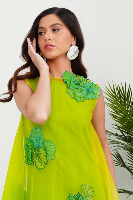 Buy Vidhi Wadhwani Green Silk Organza, Linen Applique Round Neck Amia Hand Embroidered Dress Online at Aza Fashions Buy_Vidhi Wadhwani_Green Silk Organza, Linen Applique Round Neck Amia Hand Embroidered Dress _Online_at_Aza_Fashions