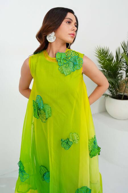 Shop Vidhi Wadhwani Green Silk Organza, Linen Applique Round Neck Amia Hand Embroidered Dress Online at Aza Fashions Shop_Vidhi Wadhwani_Green Silk Organza, Linen Applique Round Neck Amia Hand Embroidered Dress _Online_at_Aza_Fashions