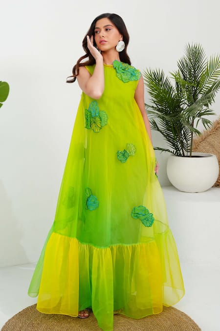 Vidhi Wadhwani Green Silk Organza, Linen Applique Round Neck Amia Hand Embroidered Dress at Aza Fashions Vidhi Wadhwani_Green Silk Organza, Linen Applique Round Neck Amia Hand Embroidered Dress _at_Aza_Fashions