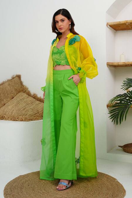 Buy_Vidhi Wadhwani_Green Silk Organza, Cotton Applique, Embroidery Anis Jacket Pant Set _Online_at_Aza_Fashions