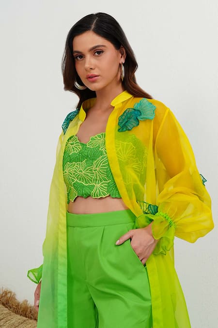 Vidhi Wadhwani_Green Silk Organza, Cotton Applique, Embroidery Anis Jacket Pant Set _at_Aza_Fashions