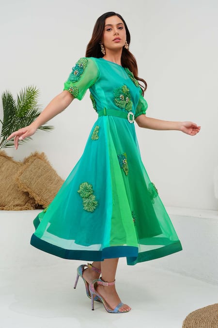 Vidhi Wadhwani Green Silk Organza, Linen Embroidery Round Neck Anisa Applique Dress Online at Aza Fashions Vidhi Wadhwani_Green Silk Organza, Linen Embroidery Round Neck Anisa Applique Dress _Online_at_Aza_Fashions