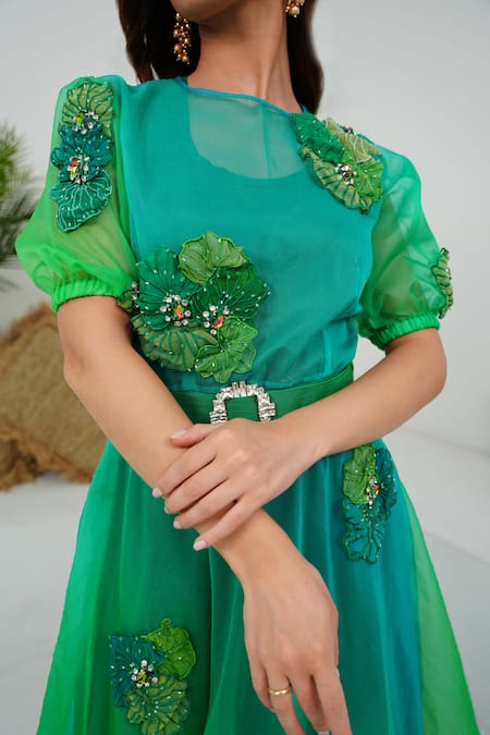 Buy Vidhi Wadhwani Green Silk Organza, Linen Embroidery Round Neck Anisa Applique Dress Online at Aza Fashions Buy_Vidhi Wadhwani_Green Silk Organza, Linen Embroidery Round Neck Anisa Applique Dress _Online_at_Aza_Fashions