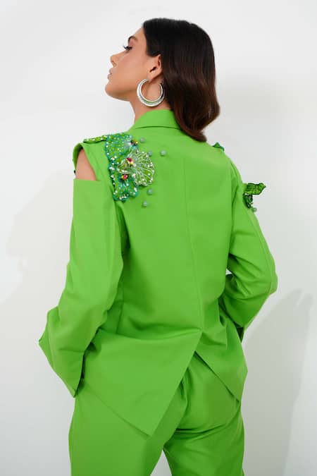 Vidhi Wadhwani_Green Twill, Cotton Beads, Applique Arfia Embroidered Blazer And Pant Set _Online_at_Aza_Fashions