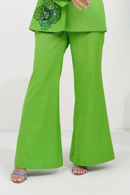 Vidhi Wadhwani_Green Twill, Cotton Beads, Applique Arfia Embroidered Blazer And Pant Set _at_Aza_Fashions