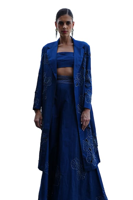 Vidhi Wadhwani Blue Modal Denim Embroidered Floral Cutwork Lapel Collar Arvy Trench Jacket Online at Aza Fashions Vidhi Wadhwani_Blue Modal Denim Embroidered Floral Cutwork Lapel Collar Arvy Trench Jacket _Online_at_Aza_Fashions