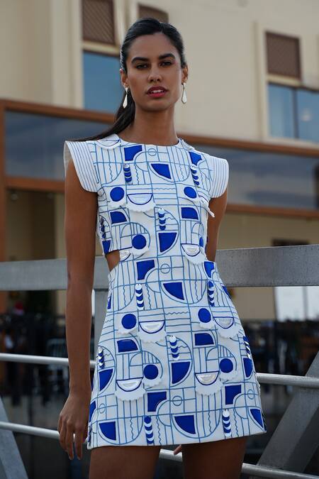 Vidhi Wadhwani White Crepe, Cotton Embroidery Round Neck Athens Geometric Structured Dress Online at Aza Fashions Vidhi Wadhwani_White Crepe, Cotton Embroidery Round Neck Athens Geometric Structured Dress _Online_at_Aza_Fashions