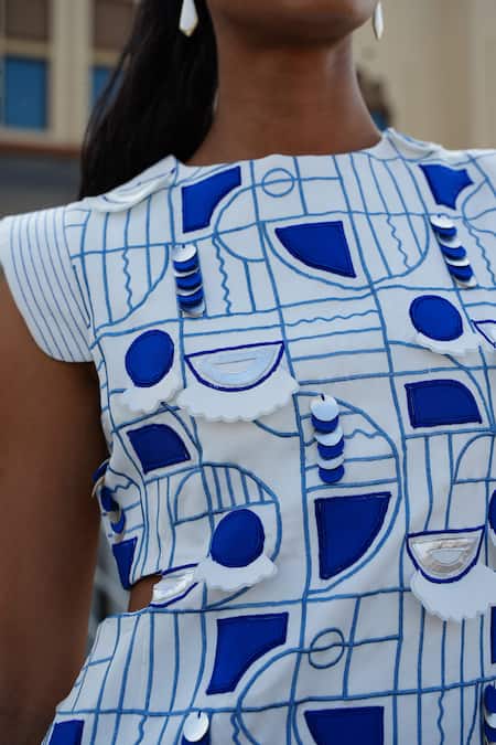 Buy Vidhi Wadhwani White Crepe, Cotton Embroidery Round Neck Athens Geometric Structured Dress Online at Aza Fashions Buy_Vidhi Wadhwani_White Crepe, Cotton Embroidery Round Neck Athens Geometric Structured Dress _Online_at_Aza_Fashions