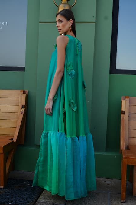 Vidhi Wadhwani Green Silk Organza Applique Hand Embroidered Coral Round Dia Dress Online at Aza Fashions Vidhi Wadhwani_Green Silk Organza Applique Hand Embroidered Coral Round Dia Dress _Online_at_Aza_Fashions