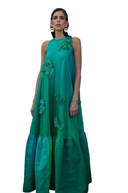 Buy Vidhi Wadhwani Green Silk Organza Applique Hand Embroidered Coral Round Dia Dress Online at Aza Fashions Buy_Vidhi Wadhwani_Green Silk Organza Applique Hand Embroidered Coral Round Dia Dress _Online_at_Aza_Fashions