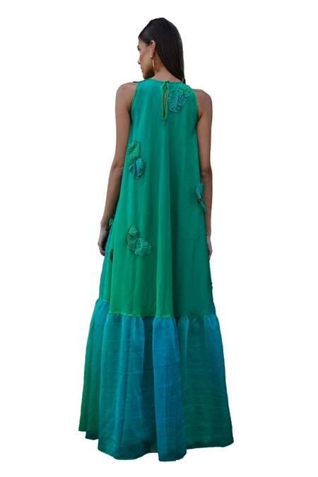 Vidhi Wadhwani Green Silk Organza Applique Hand Embroidered Coral Round Dia Dress at Aza Fashions Vidhi Wadhwani_Green Silk Organza Applique Hand Embroidered Coral Round Dia Dress _at_Aza_Fashions