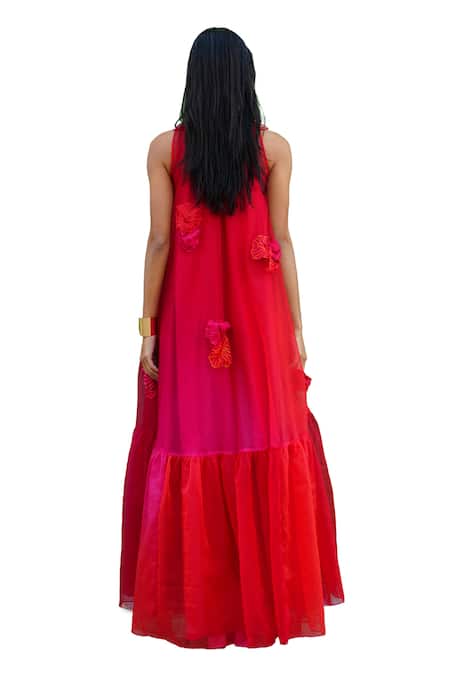Buy Vidhi Wadhwani Red Silk Organza Applique Round Neck Dia Embroidered Dress Buy_Vidhi Wadhwani_Red Silk Organza Applique Round Neck Dia Embroidered Dress