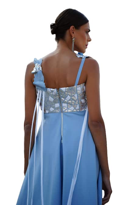 Vidhi Wadhwani_Blue Twill Cotton Applique Embroidered Coral V Neck Dipsi Dress _at_Aza_Fashions