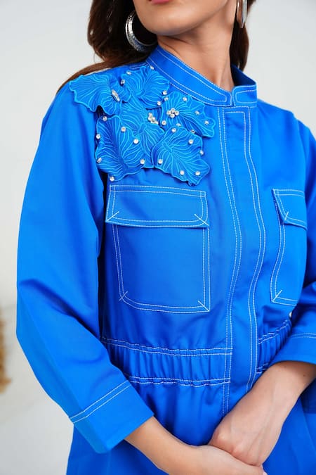 Vidhi Wadhwani Blue Twill Cotton Applique Embroidered Coral Dora Cropped Jacket And Shorts Set Online at Aza Fashions Vidhi Wadhwani_Blue Twill Cotton Applique Embroidered Coral Dora Cropped Jacket And Shorts Set _Online_at_Aza_Fashions