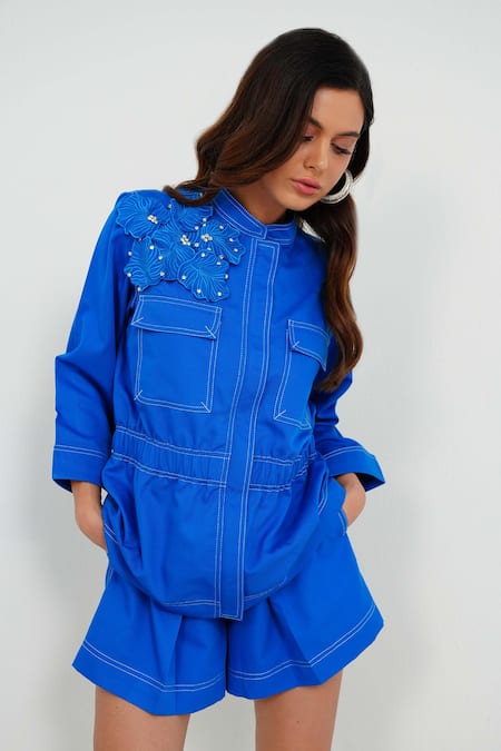 Shop Vidhi Wadhwani Blue Twill Cotton Applique Embroidered Coral Dora Cropped Jacket And Shorts Set Online at Aza Fashions Shop_Vidhi Wadhwani_Blue Twill Cotton Applique Embroidered Coral Dora Cropped Jacket And Shorts Set _Online_at_Aza_Fashions