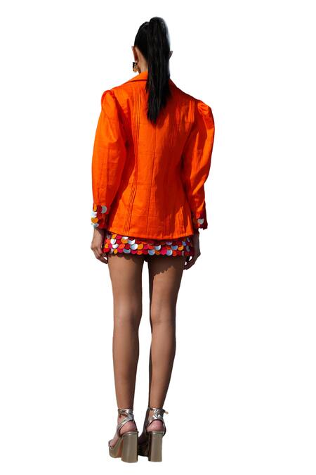 Vidhi Wadhwani Orange Twill Cotton Metallic Textured Shirt Collar Doria Skirt Set at Aza Fashions Vidhi Wadhwani_Orange Twill Cotton Metallic Textured Shirt Collar Doria Skirt Set _at_Aza_Fashions