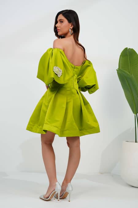 Shop Vidhi Wadhwani Green Dutch Satin Embellished Petal Off Shoulder Gina Corset Dress at Aza Fashions Shop_Vidhi Wadhwani_Green Dutch Satin Embellished Petal Off Shoulder Gina Corset Dress _at_Aza_Fashions