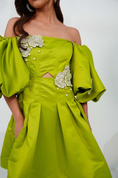 Vidhi Wadhwani Green Dutch Satin Embellished Petal Off Shoulder Gina Corset Dress Online at Aza Fashions Vidhi Wadhwani_Green Dutch Satin Embellished Petal Off Shoulder Gina Corset Dress _Online_at_Aza_Fashions