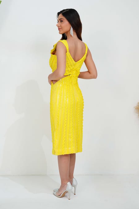 Shop Vidhi Wadhwani Yellow Sequins Applique Embroidered Floral V Neck Goa Strappy Dress at Aza Fashions Shop_Vidhi Wadhwani_Yellow Sequins Applique Embroidered Floral V Neck Goa Strappy Dress _at_Aza_Fashions