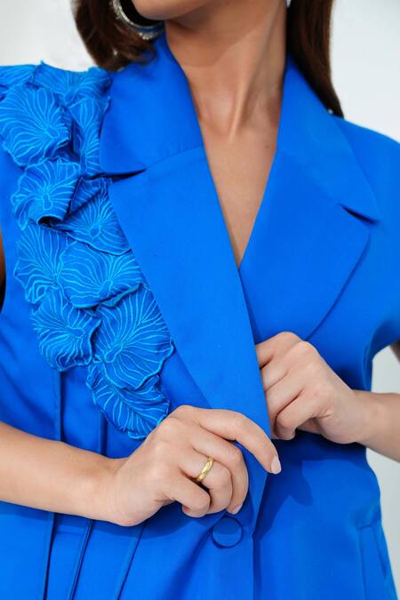 Vidhi Wadhwani_Blue Twill Cotton Embroidered Coral Applique Lapel Inara Jacket And Pant Set _Online_at_Aza_Fashions