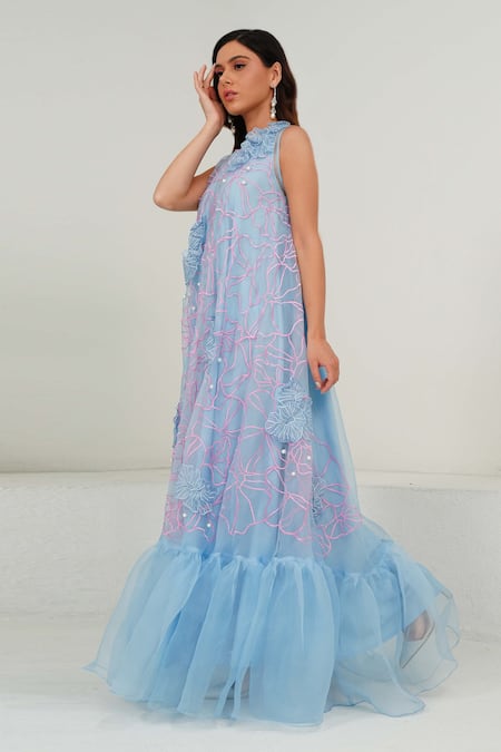 Vidhi Wadhwani_Blue Silk Organza Embroidered Coral Applique Round Joy Textured Trapeze Dress _Online_at_Aza_Fashions