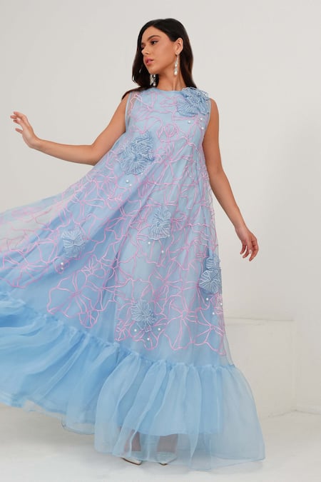 Buy_Vidhi Wadhwani_Blue Silk Organza Embroidered Coral Applique Round Joy Textured Trapeze Dress _Online_at_Aza_Fashions