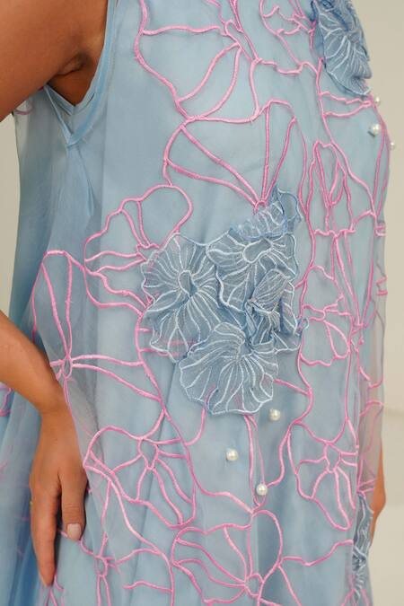 Shop_Vidhi Wadhwani_Blue Silk Organza Embroidered Coral Applique Round Joy Textured Trapeze Dress _Online_at_Aza_Fashions