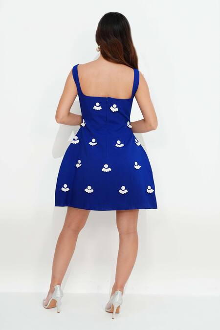 Shop Vidhi Wadhwani Blue Twill Cotton Embroidered 3d Geometric Sqaure Laura Structured Doll Dress at Aza Fashions Shop_Vidhi Wadhwani_Blue Twill Cotton Embroidered 3d Geometric Sqaure Laura Structured Doll Dress _at_Aza_Fashions