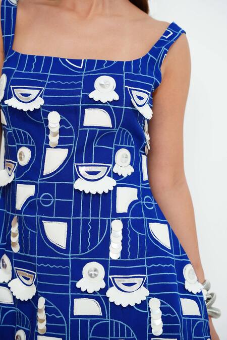 Vidhi Wadhwani Blue Twill Cotton Embroidered 3d Geometric Sqaure Laura Structured Doll Dress Online at Aza Fashions Vidhi Wadhwani_Blue Twill Cotton Embroidered 3d Geometric Sqaure Laura Structured Doll Dress _Online_at_Aza_Fashions