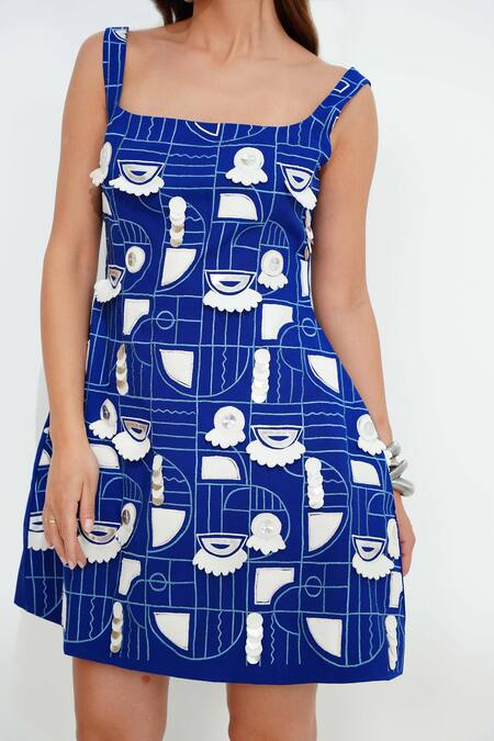 Shop Vidhi Wadhwani Blue Twill Cotton Embroidered 3d Geometric Sqaure Laura Structured Doll Dress Online at Aza Fashions Shop_Vidhi Wadhwani_Blue Twill Cotton Embroidered 3d Geometric Sqaure Laura Structured Doll Dress _Online_at_Aza_Fashions