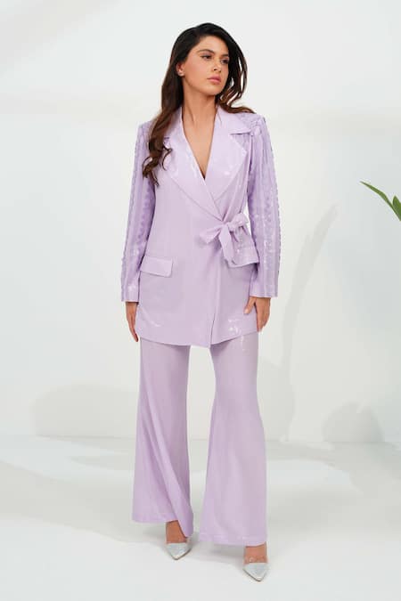 Vidhi Wadhwani Purple Embroidered Lapel Collar Lea Blazer And Pant Set 