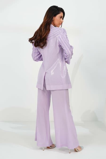 Shop Vidhi Wadhwani Purple Embroidered Lapel Collar Lea Blazer And Pant Set at Aza Fashions Shop_Vidhi Wadhwani_Purple Embroidered Lapel Collar Lea Blazer And Pant Set _at_Aza_Fashions