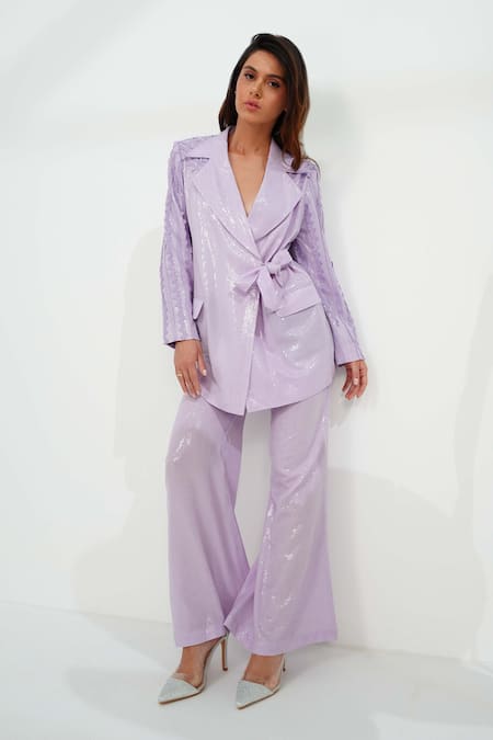 Vidhi Wadhwani Purple Embroidered Lapel Collar Lea Blazer And Pant Set Online at Aza Fashions Vidhi Wadhwani_Purple Embroidered Lapel Collar Lea Blazer And Pant Set _Online_at_Aza_Fashions