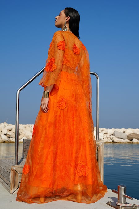 Shop Vidhi Wadhwani Orange Silk Organza, Cotton Liana Floral Applique Work Jacket Palazzo Set at Aza Fashions Shop_Vidhi Wadhwani_Orange Silk Organza, Cotton Liana Floral Applique Work Jacket Palazzo Set _at_Aza_Fashions