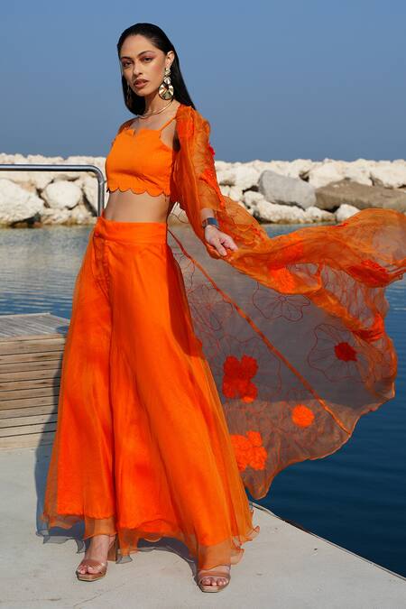 Shop Vidhi Wadhwani Orange Silk Organza, Cotton Liana Floral Applique Work Jacket Palazzo Set Online at Aza Fashions Shop_Vidhi Wadhwani_Orange Silk Organza, Cotton Liana Floral Applique Work Jacket Palazzo Set _Online_at_Aza_Fashions
