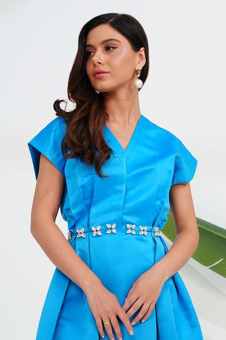 Buy_Vidhi Wadhwani_Blue Dutch Satin Embellished Crsytal Round Lima Cutwork Midi Dress _Online_at_Aza_Fashions