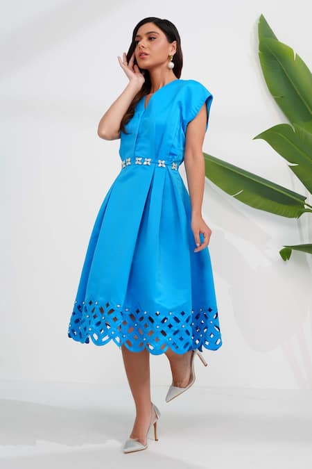 Shop_Vidhi Wadhwani_Blue Dutch Satin Embellished Crsytal Round Lima Cutwork Midi Dress _Online_at_Aza_Fashions