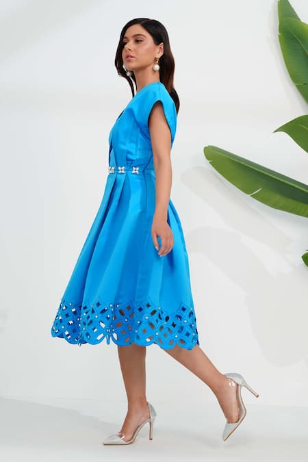Vidhi Wadhwani_Blue Dutch Satin Embellished Crsytal Round Lima Cutwork Midi Dress _at_Aza_Fashions