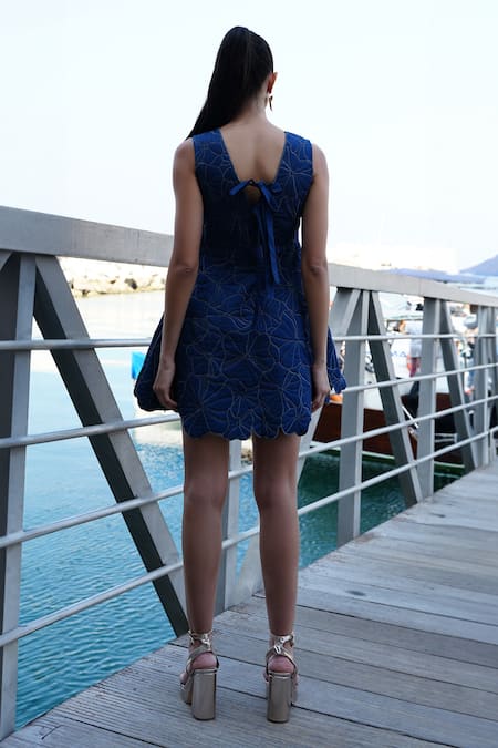 Shop Vidhi Wadhwani Blue Modal Denim Asymmetric Lucia Floral Pattern Short Dress at Aza Fashions Shop_Vidhi Wadhwani_Blue Modal Denim Asymmetric Lucia Floral Pattern Short Dress _at_Aza_Fashions