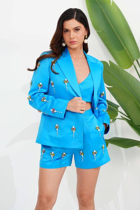 Vidhi Wadhwani Blue Dutch Satin Embellished Crystal Lapel Lunar Diamond Blazer Shorts Set at Aza Fashions Vidhi Wadhwani_Blue Dutch Satin Embellished Crystal Lapel Lunar Diamond Blazer Shorts Set _at_Aza_Fashions