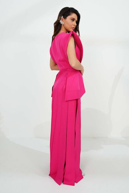 Vidhi Wadhwani_Pink Crepe Applique V-neck Luna Coral Structured Tunic And Pant Set _Online_at_Aza_Fashions