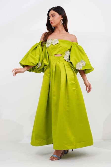 Buy Vidhi Wadhwani Yellow Dutch Satin Embellished Floral Applique Lydia Corset Structured Dress Online at Aza Fashions Buy_Vidhi Wadhwani_Yellow Dutch Satin Embellished Floral Applique Lydia Corset Structured Dress_Online_at_Aza_Fashions